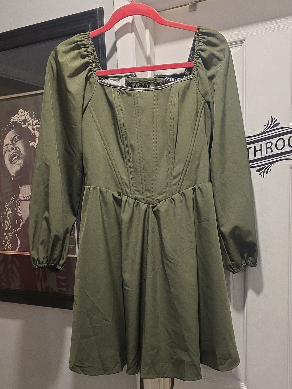 Olive Green Lace-Up Mini Dress with Puff Sleeves